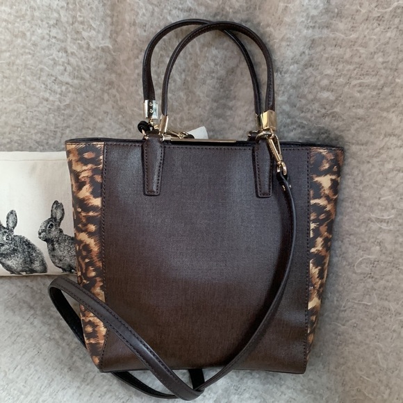 COACH Madison Mini North/South Colorblock Leopard/ Brown Saffiano Leather Tote - Picture 6 of 15